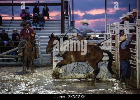 Le Rodeo de Santa Fe de quatre jours a ouvert ce soir, le mercredi 22 juin 2022, à une pluie estivale bienvenue à Santa Fe, au Nouveau-Mexique, alors que l'État se trouve face à une vague de feux de forêt sans précédent. Le rodéo a commencé en 1949 et demeure aujourd'hui l'un des 60 rodéos professionnels de la Professional Rodeo Cowboy Association aux États-Unis, attirant des centaines de participants et des milliers de spectateurs chaque été. (Photo de Mati Milstein/NurPhoto) Banque D'Images