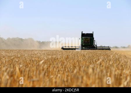 Les agriculteurs ukrainiens récoltent des champs d'orge dans la région d'Odesa, en Ukraine, le 22 juin 2022. 7 millions de tonnes de blé, 14 millions de tonnes de grain de maïs, 3 millions de tonnes d'huile de tournesol et 3 millions de tonnes de farine de tournesol n'ont pas pénétré sur le marché mondial en raison du blocus par la Russie des ports maritimes ukrainiens, cela a conduit à une hausse record des prix du marché mondial et entraînera inévitablement une crise alimentaire mondiale et une hausse de l'inflation, comme les médias l'ont informé. (Photo par STR/NurPhoto) Banque D'Images