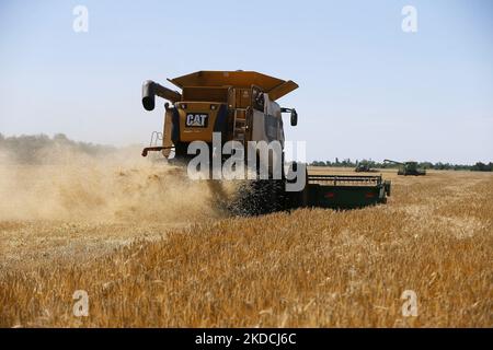 Les agriculteurs ukrainiens récoltent des champs d'orge dans la région d'Odesa, en Ukraine, le 22 juin 2022. 7 millions de tonnes de blé, 14 millions de tonnes de grain de maïs, 3 millions de tonnes d'huile de tournesol et 3 millions de tonnes de farine de tournesol n'ont pas pénétré sur le marché mondial en raison du blocus par la Russie des ports maritimes ukrainiens, cela a conduit à une hausse record des prix du marché mondial et entraînera inévitablement une crise alimentaire mondiale et une hausse de l'inflation, comme les médias l'ont informé. (Photo par STR/NurPhoto) Banque D'Images