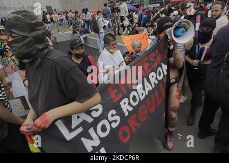 Les membres de Frente Radikal Sexodisidente et la Tianguis Disidente, manifestent contre la Marche de la fierté LGBTTTIQA+ à la Glorieta de los Insurgentes à Mexico, dans le rejet de la commercialisation et la perte de respect pour toutes les personnes de cette communauté en raison du faux bombardement de la publicité amicale et du manque de lutte pour éliminer la discrimination, l'homophobie et la transphobie sous toutes ses formes. (Photo de Gerardo Vieyra/NurPhoto) Banque D'Images