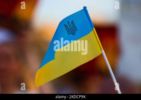 Un drapeau ukrainien est vu lors d'une manifestation sur la place principale en soutien aux défenseurs du régiment d'Azovstal 4308 qui sont actuellement en captivité russe. Cracovie, Pologne sur 25 juin 2022. Des rassemblements pacifiques ont été organisés dans le monde entier pour soutenir plus de 2 500 prisonniers de guerre azovstal. Le Régiment Azov faisait partie des unités ukrainiennes qui ont défendu les aciéries de la ville de Marioupol pendant près de trois mois avant de se rendre en mai sous des attaques russes incessantes du sol, de la mer et de l'air. (Photo de Beata Zawrzel/NurPhoto) Banque D'Images