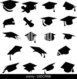 Un lot de chapeaux de remise des diplômes et un diplôme de défilement en noir isolé sur fond blanc Illustration de Vecteur