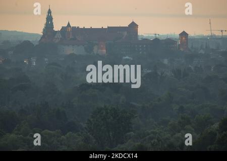 Vue sur le château royal de Wawel à Cracovie au crépuscule, juste avant le lever du soleil. Mardi, 28 juin 2022, à Cracovie, dans la petite Pologne Voïvodeship, Pologne. (Photo par Artur Widak/NurPhoto) Banque D'Images