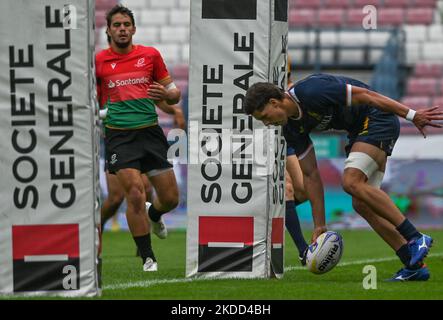 Tobias SAINZ d'Espagne en action marque un essai au Portugal hommes 7s contre Espagne hommes 7s, un match de quilication de la piscine B de la deuxième partie de la série de Championnat Rugby Europe Sevens 2022 à Cracovie. Samedi, 02 juillet 2022, dans le stade municipal de Henryk Reyman, Cracovie, petite Pologne Voivodeship, Pologne. (Photo par Artur Widak/NurPhoto) Banque D'Images