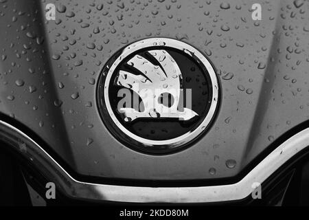 Logo SKODA visible sur le véhicule Skoda stationné dans le centre de Cracovie. Mardi, 05 juillet 2022, à Cracovie, en Pologne. (Photo par Artur Widak/NurPhoto) Banque D'Images