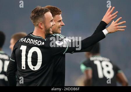 Liverpool, Angleterre, le 5th novembre 2022. Harvey Barnes, de Leicester City, célèbre son deuxième but avec James Maddison, de Leicester City, lors du match de la Premier League à Goodison Park, Liverpool. Le crédit photo devrait se lire: Lexy Ilsley / Sportimage Banque D'Images