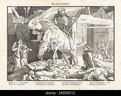 Mort comme victor à cheval sur des cadavres. Un squelette dans une couronne de Laurier tenant un drapeau roule son cheval sur les morts sur une barricade de portes et de barils. Son cheval léche les blessures d'un révolutionnaire mort alors que les femmes et les enfants pleurent. Coupe de bois d'août Gaber après une illustration d'Alfred Retel de Ein Todttentanz aus dem Jahr 1848, Une danse de la mort pour l'année 1848, Georg Wigand, Leipzig, 1849. Banque D'Images