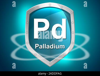 Élément chimique Palladium sur un bouclier, rendu 3D Banque D'Images