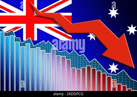 Économie de l'Australie en baisse avec flèche et drapeau, 3D rendu Banque D'Images