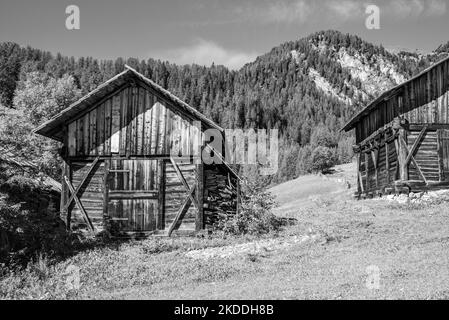 Un ancien hangar à foin en bois dans le Val di Morins, les Alpes Dolomites du Tyrol du Sud Banque D'Images