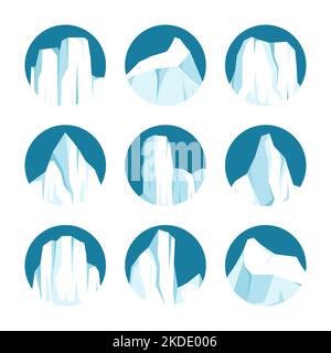 Collection de icebergs flottants.Dérive du glacier arctique, bloc d'eau océanique gelée.Des montagnes glacées avec de la neige.Pic de glace de fusion.Neige antarctique Illustration de Vecteur