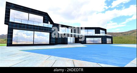 Un bâtiment respectueux de l'environnement avec une piscine avec eau ayant un potentiel de redox optimal. La façade est recouverte de panneaux solaires. Un gre Banque D'Images