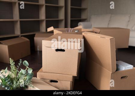Boîtes en carton pleines d'effets personnels dans la salle de séjour Banque D'Images