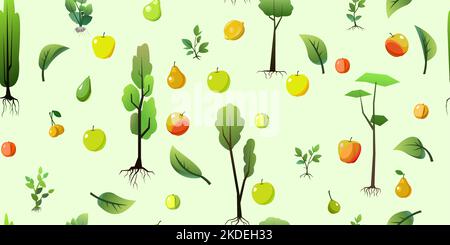 Semis de jeunes arbres avec racines. Plantes de jardin. Plantations de fruits. Motif sans couture. Vecteur Illustration de Vecteur