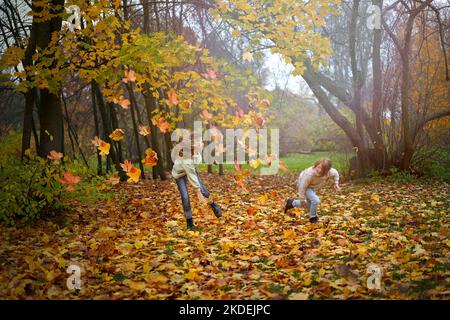 Les enfants du parc d'automne courent, sautent et jouent au milieu du feuillage coloré de l'érable. Les feuilles d'automne volent autour. Espace de copie pour votre conception. Banque D'Images