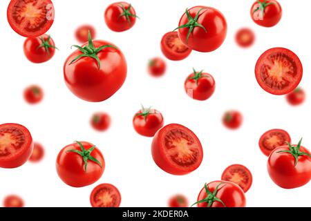 Tomate tombant isolée sur fond blanc, mise au point sélective Banque D'Images