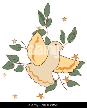 Composition positive 70s avec des colombes volantes et des feuilles vertes autour. Composition dans un style vintage parfait pour les cartes, l'affiche, la carte postale, la bannière. Vecteur. Illustration de Vecteur