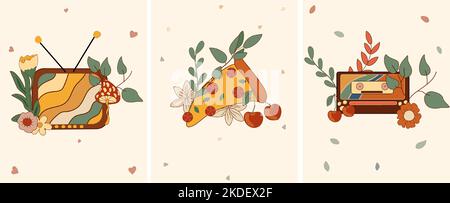 Retro 70s groovy Element, TV rétro, pizza colorée, cassette vintage, fleurs et feuilles, champignon rouge. Affiches hippie. Idéal pour les cartes de vœux, les affiches, les cartes postales et les bannières. Vecteur . Illustration de Vecteur