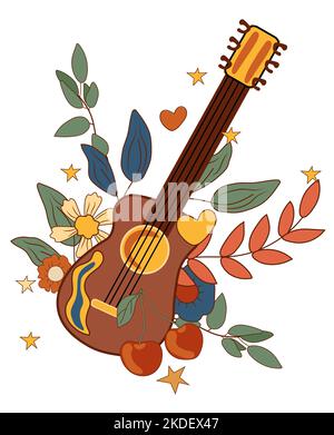 Composition positive 70s avec guitare rétro, fleurs et feuilles colorées, cerise, étoiles. Symboles de groovy psychédélique parfaits pour les cartes, l'affiche, la carte postale, la bannière. Vecteur. Illustration de Vecteur