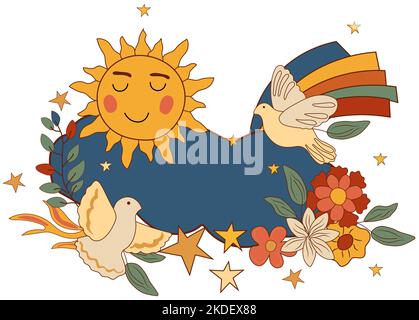 Composition positive 70s avec nuage, sourire au soleil, colombe volante, fleurs et feuilles colorées. Symboles de groovy psychédélique parfaits pour les cartes, l'affiche, la carte postale, la bannière. Vecteur. Illustration de Vecteur