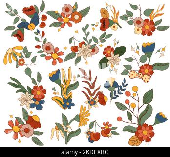 Compositions de groovy 70s avec des fleurs et des feuilles colorées, des baies, de la cerise. Collections de fleurs dans un style vintage. Composition parfaite pour les cartes, les affiches, les cartes postales et les bannières. Vecteur Illustration de Vecteur