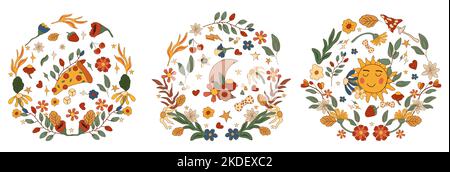 Élément groovy rétro 70s, couronne rétro, pizza colorée, soleil vintage, fleurs et feuilles, lune. Symboles hippie positifs. Idéal pour les cartes de vœux, les affiches, les cartes postales et les bannières. Vecteur. Illustration de Vecteur