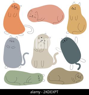 Ensemble de jolis chats animés à la main. Illustration de Vecteur