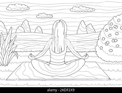 Yoga coloring femme pratiquant dans le parc graphique noir blanc paysage dessin illustration vecteur Illustration de Vecteur