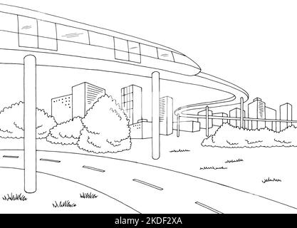 Monorail train route ville graphique noir blanc paysage esquisse illustration vecteur Illustration de Vecteur