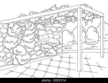 Jardin Gazebo moderne graphique noir blanc architecte paysage esquisse illustration vecteur Illustration de Vecteur