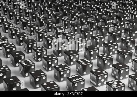 Beaucoup de dés noirs sur fond blanc. 3d illustration. Banque D'Images
