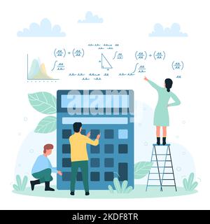 Les formules et calculs mathématiques, les mathématiques école ou université illustration de vecteur de leçon. Caricature les élèves de petite taille étudient l'algèbre, la trigonométrie et la géométrie, les gens utilisant la calculatrice pour les devoirs Illustration de Vecteur