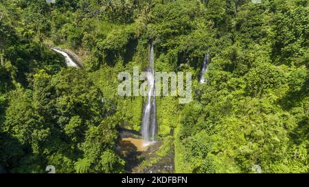 Cascade avec arc-en-ciel dans la forêt tropicale verte sur Bali vue aérienne Banque D'Images