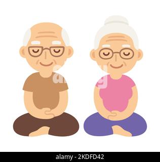 Mignon dessin animé couple senior méditant. Vieil homme et femme assis dans la méditation. Illustration de clip art vectoriel. Illustration de Vecteur