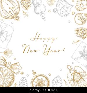 Carte de voeux carrée Joyeux Noël et joyeux nouvel an avec boîtes cadeaux et jouets dorés dessinés à la main. Illustration vectorielle dans le style d'esquisse. Fond festif Illustration de Vecteur