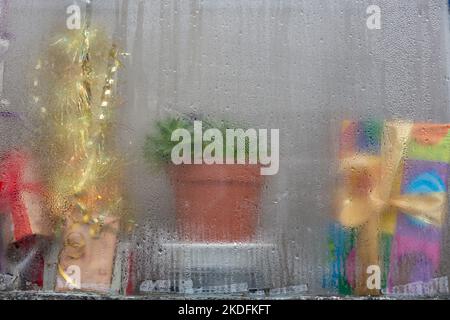 Cadeaux et une plante en pot vue par une fenêtre de vapeur. Bruxelles en hiver. Banque D'Images