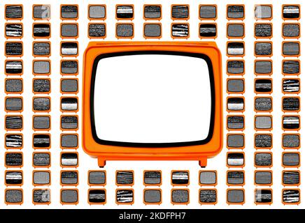 Téléviseur Orange rétro Old Space Age avec différents écrans à effet de bruit statique Banque D'Images
