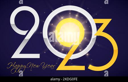 Argent et or numéro 2023 avec des lueurs, des étincelles et salutation pour un Bonne Année. Design dégradé sur fond bleu foncé. Illustration de Vecteur