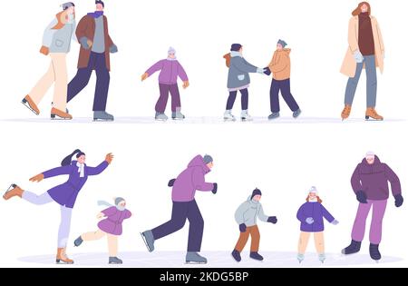 Les gens patinent sur la glace. Patineuse pour personnes, adultes et enfants patineurs dansant. Plat heureux amusant hiver homme et femme. Ensemble vectoriel de couples de kicky de dessin animé Illustration de Vecteur