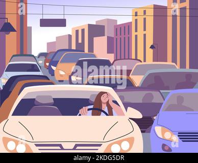 Embouteillage matinal et femme chauffeur endormi. Femme conduisant une voiture lente en circulation urbaine auto. Fille de kicky fatigué et vecteur de problèmes de ville moderne Illustration de Vecteur