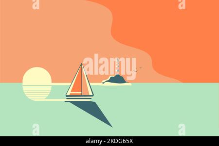 Magnifique coucher de soleil ou paysage marin à l'aube. Un yacht ou un bateau navigue sur fond de soleil levant ou de cadre Illustration de Vecteur