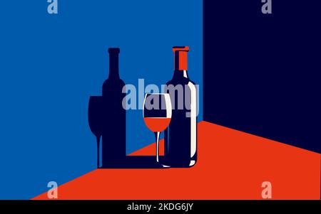 Illustration vectorielle d'une bouteille de vin et d'un verre de vin rouge à côté dans des couleurs tendance dans un style minimaliste Illustration de Vecteur