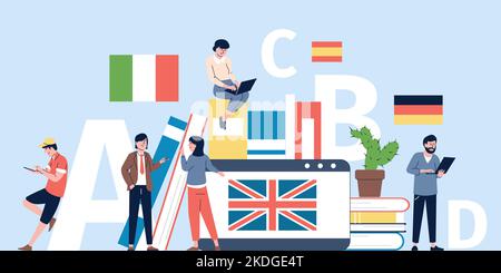 Apprentissage en ligne des langues. Collège pédagogique et étudiants. Étude des langues, anglais allemand italien drapeaux. Traducteur numérique, étude à domicile récente Illustration de Vecteur