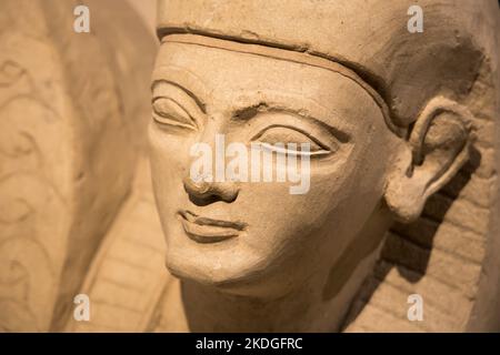 Leiden, pays-Bas - 04 JANVIER 2020 : gros plan de la statue de Sphinx avec couronne de Pschent égyptien de l'ancienne Chypre. Influence de l'Égypte ancienne Banque D'Images