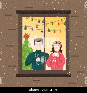 Un homme et une femme se tiennent à la fenêtre. Illustration vecteur hiver. Préparation pour la nouvelle année et Noël. Arbres et guirlandes de Noël décorés. Illustration de Vecteur