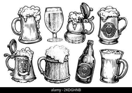 Illustration du kit de bière. Collection de verres, mugs et bouteilles avec boissons alcoolisées pour le design du menu du restaurant ou du pub Banque D'Images