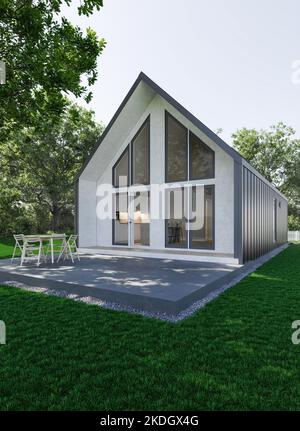 Maison moderne avec un paysage bien entretenu. 3d rendu. Banque D'Images