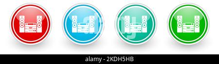 Musique, icônes vectorielles de l'équipement stéréo, boutons colorés brillants sur blanc Illustration de Vecteur