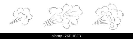 Flux d'air ou soufflez sur les croquis. Tourbillon, rafale, fumée, effet de poussière icônes dessinées à la main isolées sur fond blanc. Illustration graphique vectorielle. Illustration de Vecteur
