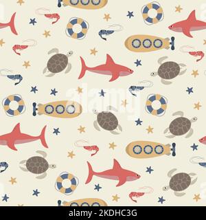 Motif vectoriel sans couture avec requin, sous-marin, tortue, crevettes, étoiles de mer, bouée de sauvetage.créatures de dessin animé sous-marin.arrière-plan marin.joli motif océan pour Illustration de Vecteur